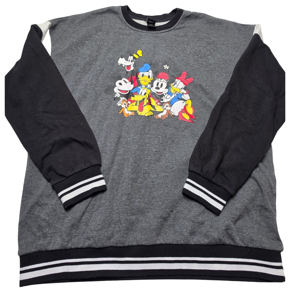 Disney Mickey and Friends Graphic Sweatshirt Gray Black Striped Trim XL